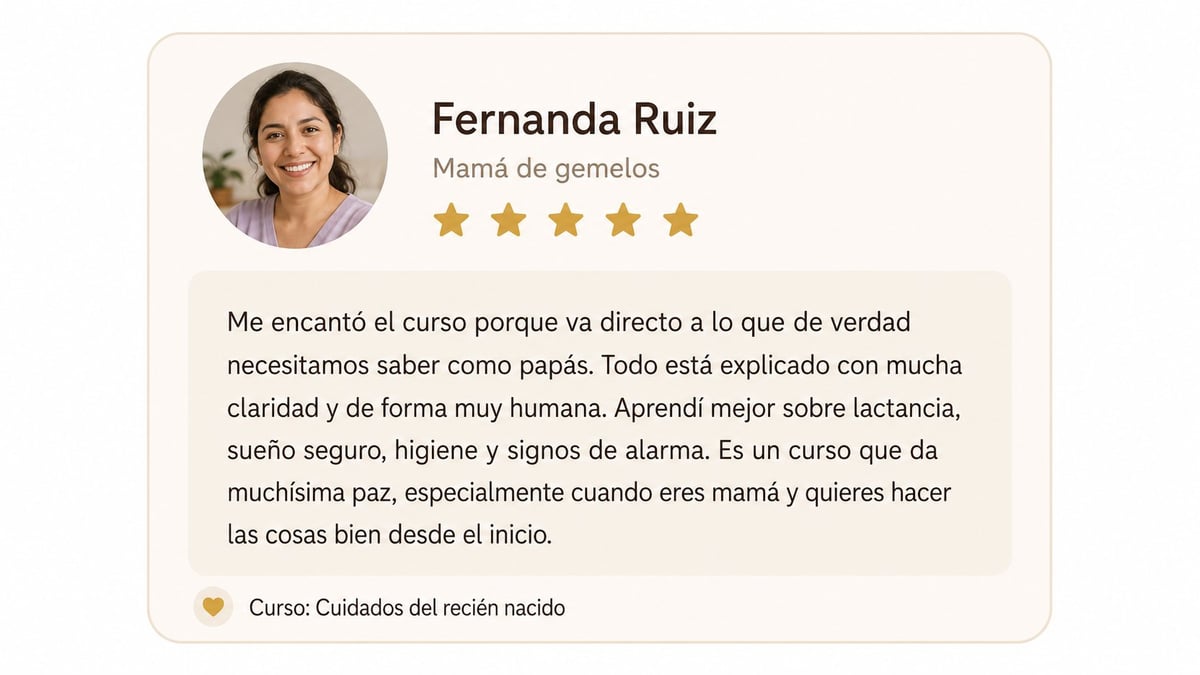 Review from Fernanda Ruiz, mother of twins, 5-star rating. Spanish testimonial about a newborn care course covering baby sleep, hygiene, and alarm signs.