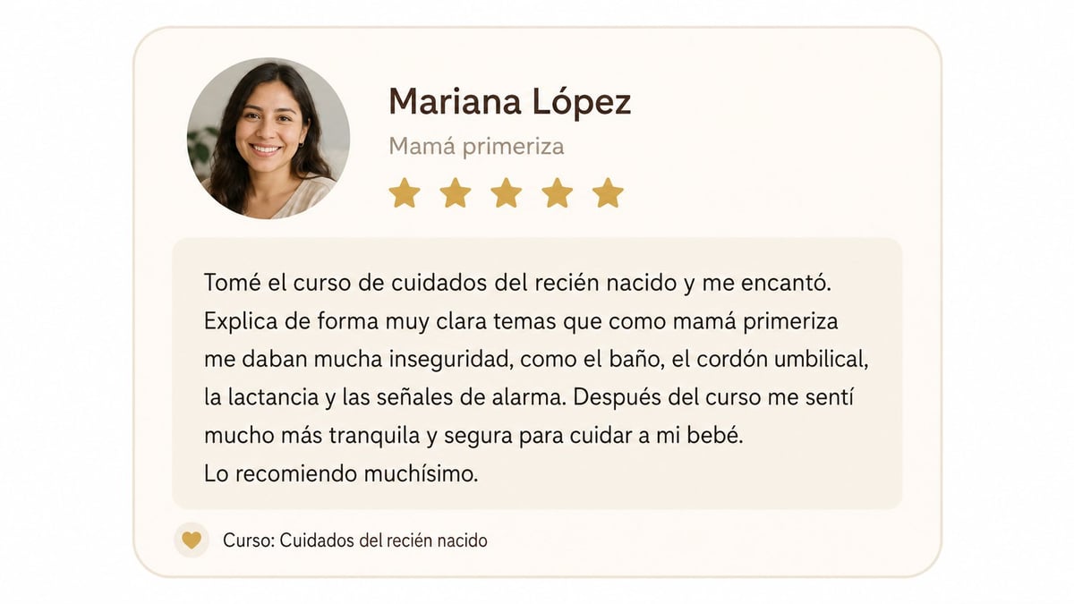 Testimonial from Mariana López, a new mother, giving a 5-star review of a newborn care course that helped her feel more confident caring for her baby.